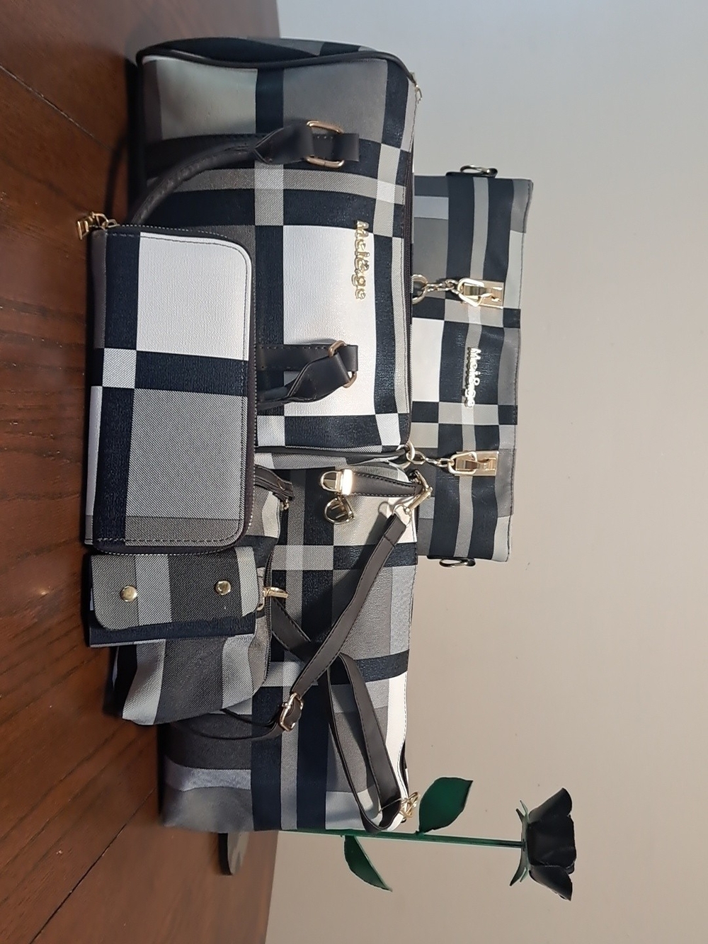 Plaid Tote & Accessory Set - Gray/Black